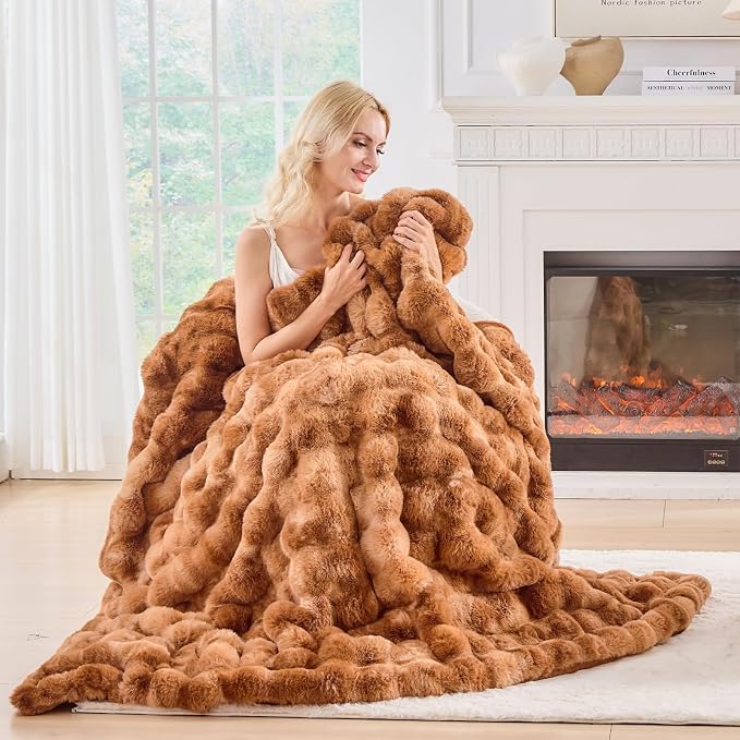 BENVWE Faux Fur Throw Blanket for Couch Bed - Fluffy Soft Thick Bubble Blanket for Living Room Home Decor - Fathers Day Birthday Gifts for Women Men, Tie-dye Caramel, 60" x 80"