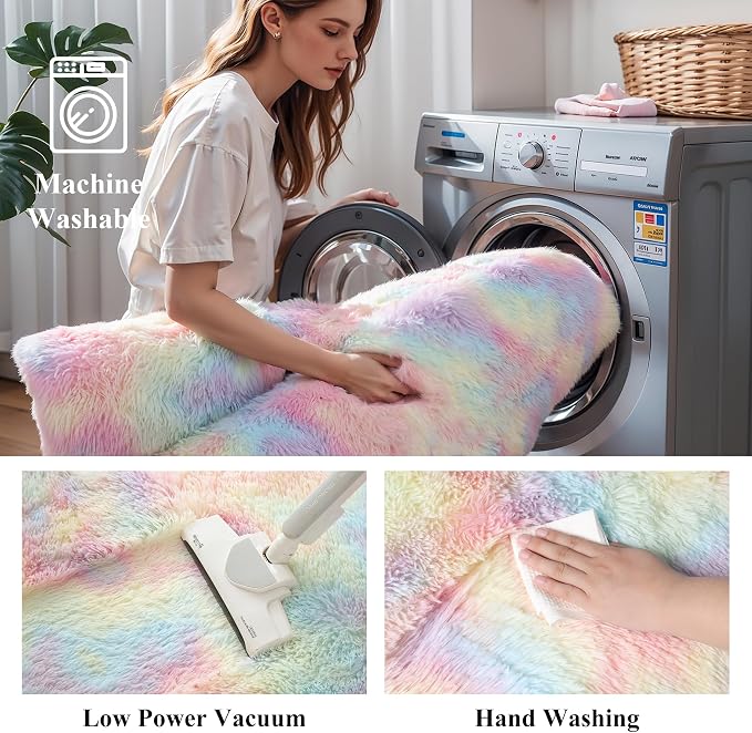 KCHOWUA Rainbow Unicorn Fluffy Fuzzy Rug 2x6, 2 Pcs Washable Non Slip | Soft shaggy area rug for girls bedroom, princess kids room, living room, nursery, dorm, and classroom