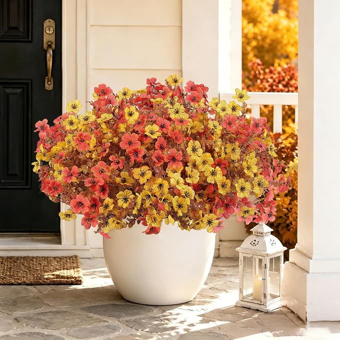 Artificial Faux Mums Flowers Plants for Outdoors Fall Decoration,12 Bundles Fake Mums Silk Daisy Plastic Flowers Plant UV Resistant Look Real for Outside Planters Patio Front Yard Autumn Orange Yellow