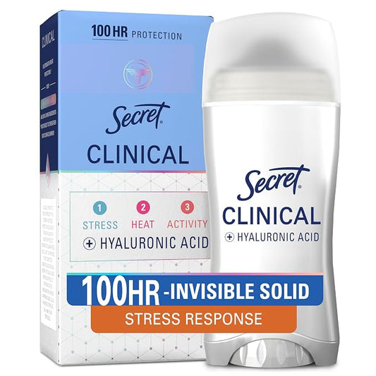 Secret Clinical Strength 100HR Sweat & Odor, Stress Response Invisible Solid Antiperspirant Deodorant for Women, 3X Stress Protection with Hyaluronic Acid, PH Balancing Minerals, 2.6 oz