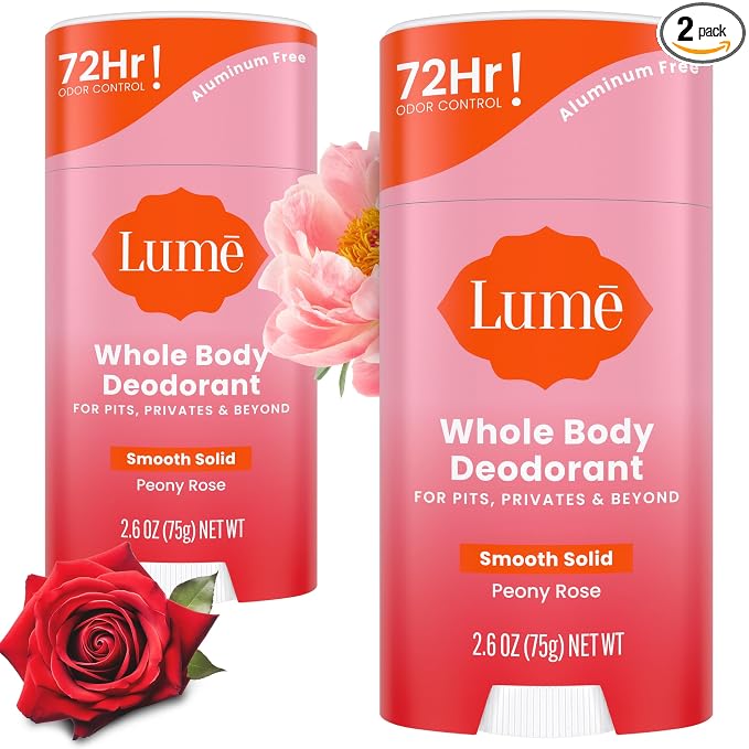 Lume Whole Body Deodorant - Smooth Solid Stick - 72 Hour Odor Control - Aluminum Free, Baking Soda Free and Skin Safe - 2.6 Ounce (Pack of 2) (Peony Rose)