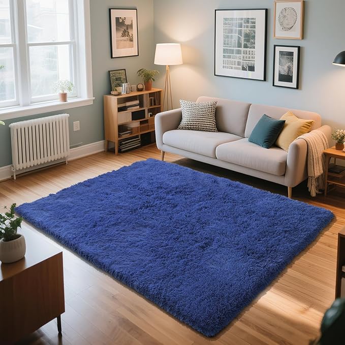 Blue Fluffy Rug Shag Area Rug, 5x8 Area Rugs for Girls Bedroom, Soft Play Mat, Indoor Floor Carpet for Teen, Preppy Dorm, Plush Aesthetic Bedside Rug