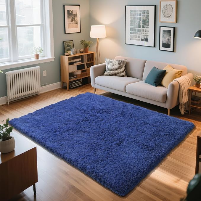 Blue Fluffy Rug Shag Area Rug, 3x5 Area Rugs for Girls Bedroom, Soft Play Mat, Indoor Floor Carpet for Teen, Preppy Dorm, Plush Aesthetic Bedside Rug