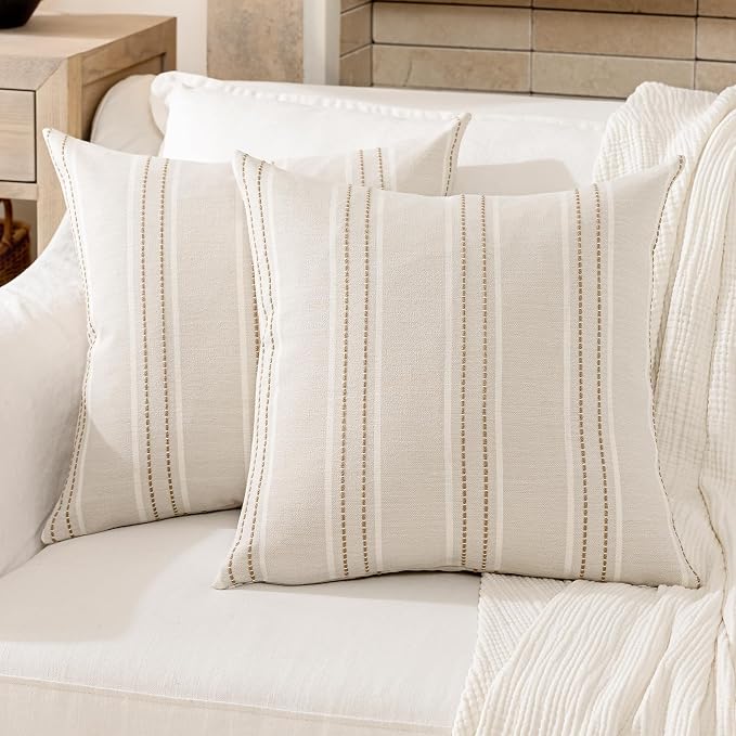 Hckot Tan Brown Throw Pillow Covers 22x22 Set of 2 Striped Pillow Covers | Farmhouse Decorative Pillows Textured Linen Square Cushion Covers for Sofa Couch Bed Living Room Decor(Tan)
