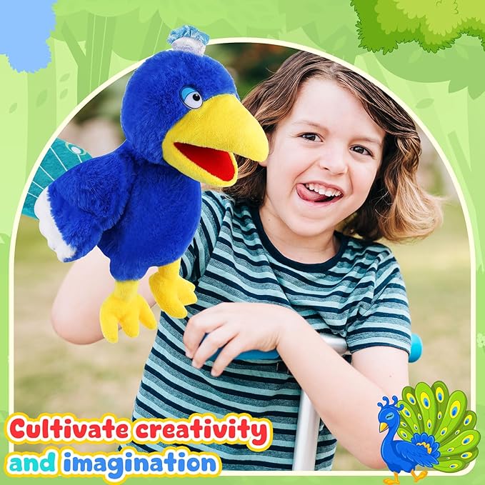 Animal Hand Puppets 11 Inch Bird Plush Toucan Owl Eagle Parrot Flamingo Peacock Puppet Toys Role-Play Puppets for Kids Storytelling Imaginative Pretend Play Teaching Preschool(Peacock)