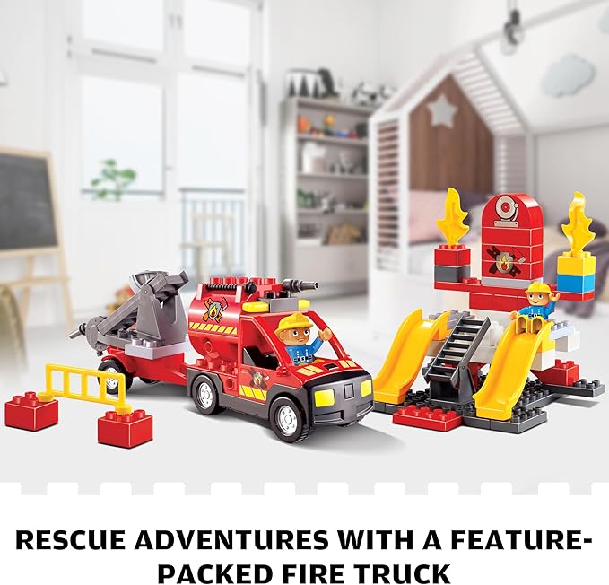 Fire Station Playset, Fire Trucks for Toddlers 3-5, Classic Big Building Blocks Compatible with Lego Fire Station and DUPLOs for Age 3-5, Firefighter Gifts, Firetruck Toys 3-5 Years Old