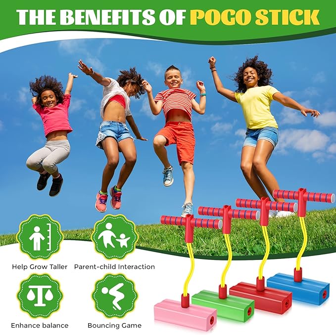 Wettarn 8 Pcs Foam Pogo Jumper Promote Grow Tall Pogo Stick Foam Jumper Safe and Fun Jumping Stick for Teens Boys Girls Outdoor Indoor Halloween Christmas Stuffer Gift Squeaks with Each Hop, 4 Colors