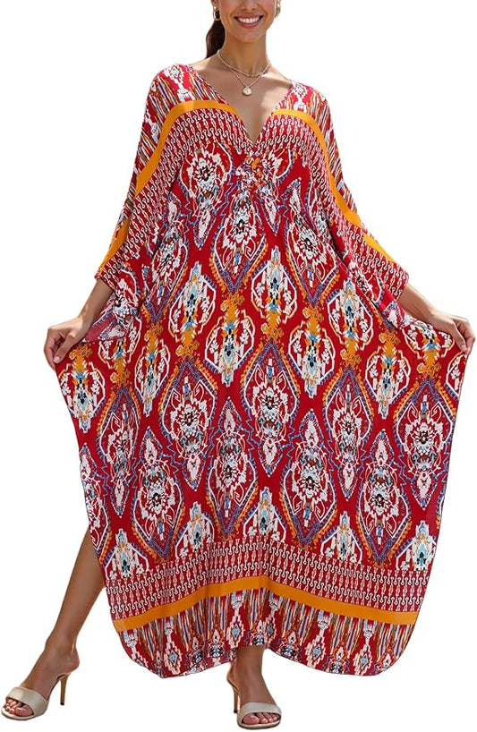 Mumu Dresses for Women Plus Size, Bohemian Kaftan Beach Cover Up Long Maxi Nightgown Soft Loungewear