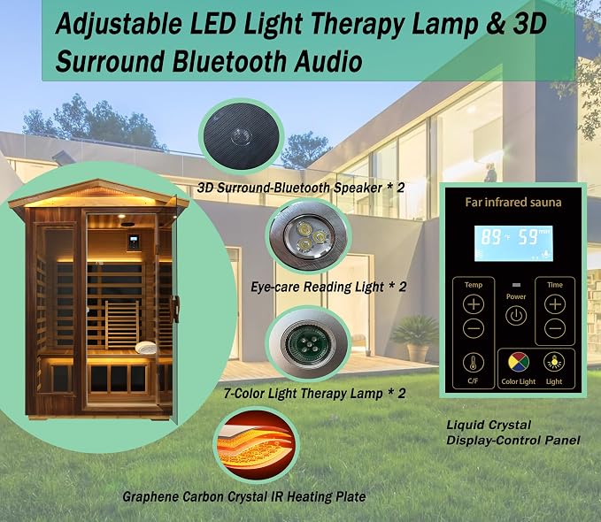 LTCCDSS Ultra-Low EMF Red Cedar Sauna 2-Person, Outdoor Far Infrared Sauna for Home, EMF 0.1-1mG, 6 Carbon Crystal Heaters, Bluetooth & Chromotherapy (57.8 * 40.5 * 81.1 in)