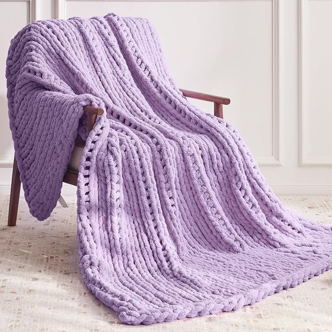 Negwoo Chunky Knit Throw Blanket, Knitted Throw Chenille Yarn, 80"*90" | Soft Thick Cable Knitted Blankets, Handmade Big Thick Blanket,Machine Washable Cute Comfy Blanket for Home Decor,Light purple