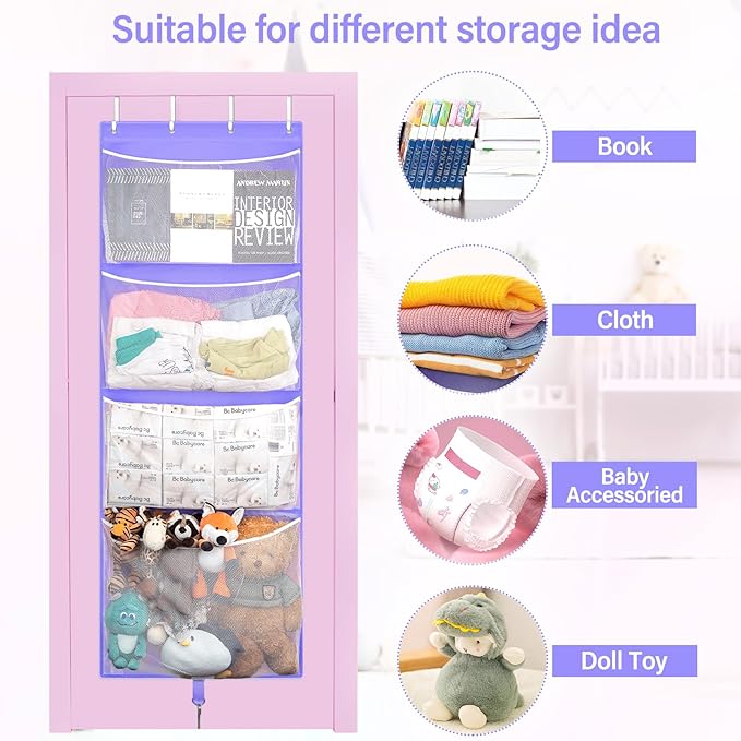 Hanging Stuffed Animal Storage, Over Door Large Plush Toy Organizer with Metal Hook, Baby Accessory Holder Idea for Nursery, Doll & Bear Mesh Hammock Bag for Girl Boy Kid Room