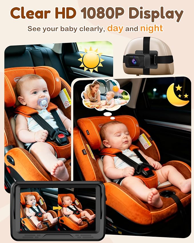 Rohent Baby Car Camera HD 1080P - Rear-Facing Infant Monitor with Night Vision Car Camera for Baby 150° Wide-Angle Lens Anti-Glare Screen Easy Install 360° Adjustable Display