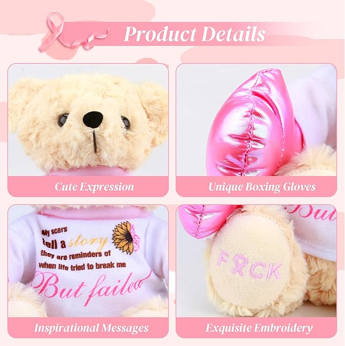 Breast Cancer Awareness Stuffed Bear Plush – 8" Fuck Cancer Teddy Bear Stuffed Animal Toy with Pink Boxing Gloves, Breast Cancer Comfort Gifts for Women, Inspirational Gift For Cancer Warrior Fighter