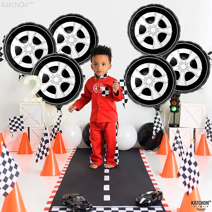 KatchOn, Big Tire Balloons for Birthday Boy Decorations - 18 Inch, Pack of 6 | Wheels Balloons for Two Fast Birthday Decorations | Race Car Birthday Party Decorations | Auto Mechanic Party Decorations