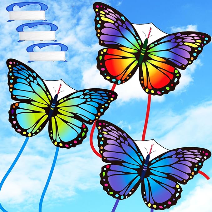 Silipull 3 Pcs Butterfly Kite 55" x 28" Large Kites with 328ft Kite String Beach Colorful Kites for Adults Beginner Outdoor Supplies (Rainbow and Blue Purple)