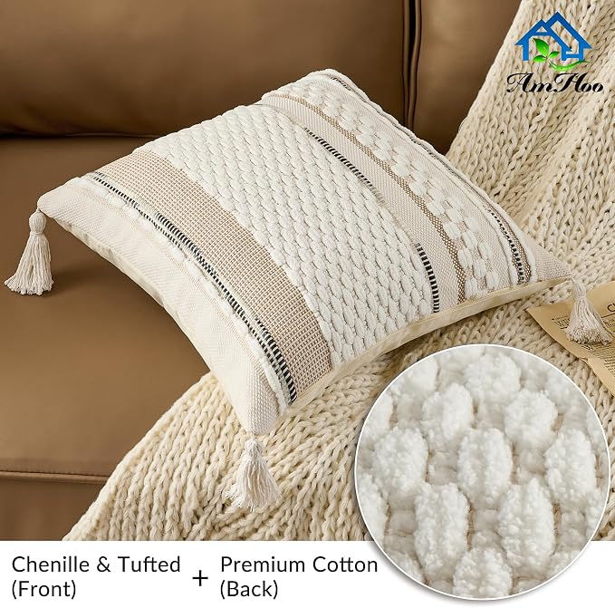 Set of 2 Chenille Striped Textured Boho Throw Pillow Covers Aesthetic with Tassels Woven Decorative Pillow Case for Couch Bed Sofa Bedroom Modern Funky 18 x 18-Inch White