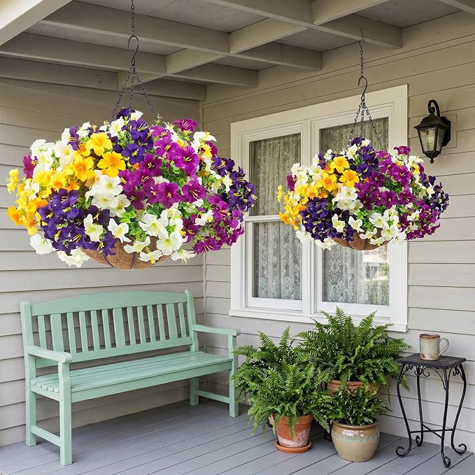 2 Set Artificial Outdoor Flowers with Hanging Baskets,24 Pcs UV Resistant Faux Petunias Flowers with Hanging Planter for Front Door Porch Spring Outside Decor (2, White,Yellow,Purple,RedViolet)