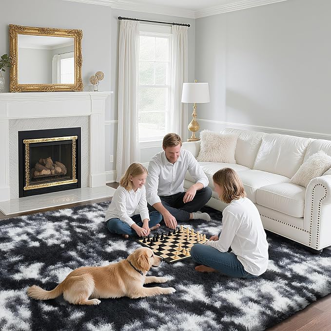 Fluffy Rug Shag Area Rug, Mottling Black 4x6 Area Rugs for Bedroom, Small Bedside Rug, Soft Fluffy Shag Entryway Throw Rugs for Living Room Bedroom Room Home Decor