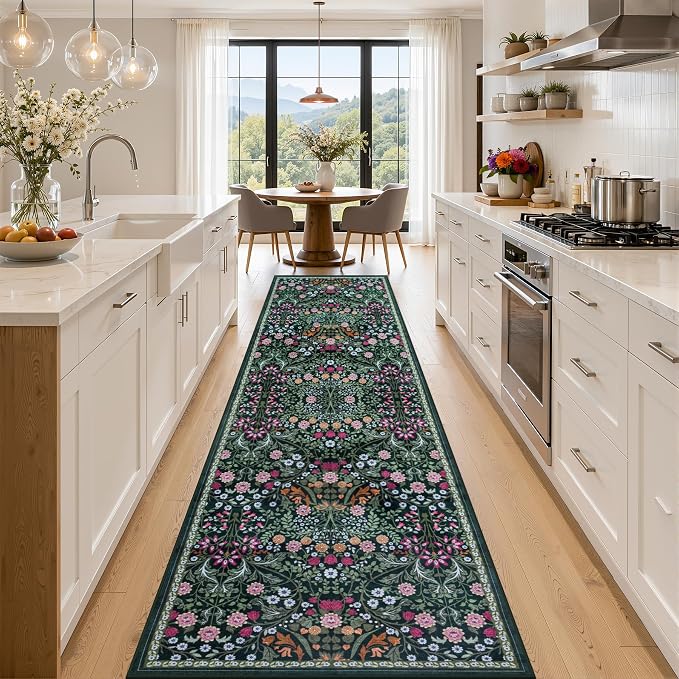 Runner Rug for Entryway: 2.6x14 Kitchen Rugs Non Slip Washable Ultra-Thin Soft Floral Carpet Indoor Floor Stain Resistant Carpets for Hallway Bedroom Kitchen Laundry Bathroom Dorm Dark Green