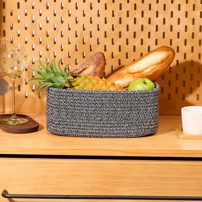 MiniArk Small Storage Baskets for Organizing | Closet Organizer Bins | Shelf Toy Basket | Woven Rope Baskets | Cube Decorative Box | Shallow Basket | 11.5x7.5x4.7” | 3 Packs Dark Gray