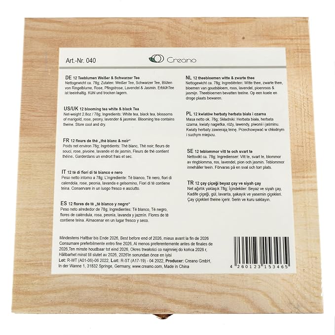 Creano Flowering Tea Abloom Tea - Blooming Tea Gift Set in Stylish Wooden Tea Box - 12 Pieces, Mix of White & Black Tea a gift for christmas