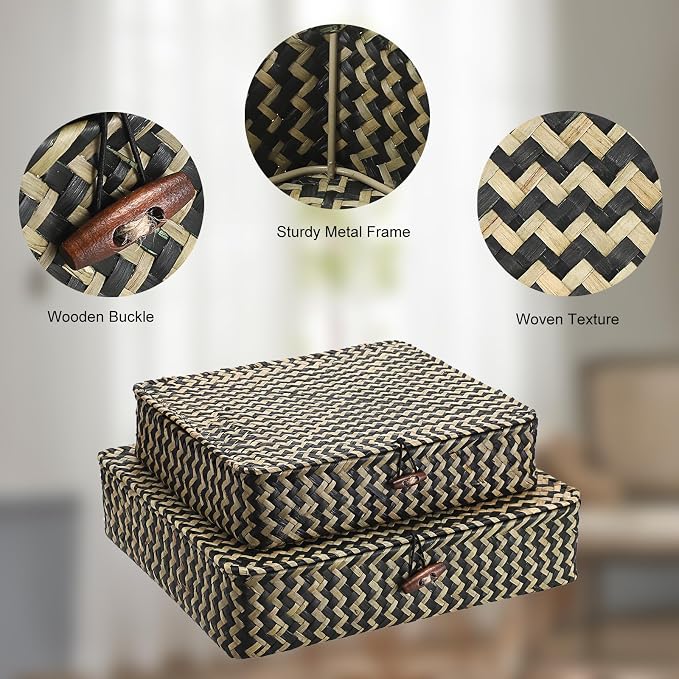Hipiwe 2Pcs Flat Wicker Woven Basket with Lid Natural Seagrass Storage Box | Shelf Baskets Bin for Home Decor, Multipurpose Household Basket Organizer, Set of 2, Blacks Strips