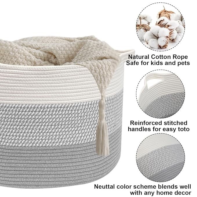 115L Extra Large Blanket Basket,Woven Rope Laundry Basket-Grey | Collapsible, reinforced handles, nursery storage bin organizes clothes, toys and pillows for living room, bedroom bathroom