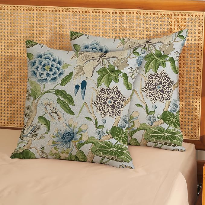 Baby Blue Green Pillow Covers 16x16 Inch Set of 2 Vintage Blue Floral Throw Pillows Chinoiserie Flower Decorative Pillow Case Outdoor Linen Farmhouse Cushion Cover for Couch Sofa Decorations