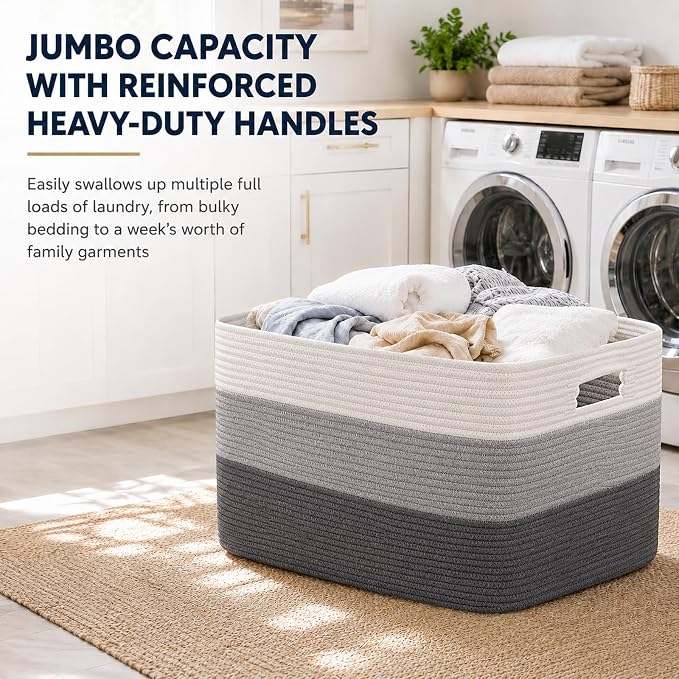 OIAHOMY Large Blanket Basket For Living Room, Rectangle Woven Baskets for Storage, Nursery Toy Storage With Handle-22”x17”x12”-Gradient Dark Grey