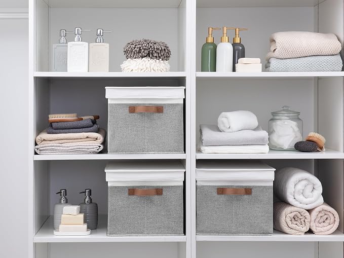 StorageWorks Storage Bins with Lids, Decorative Storage Boxes with Lid and PU Handles, Foldable Storage Baskets for Closet, Shelves, Stackable, Gray and White, Jumbo, 3-Pack | Lidded Dust-proof, Easy Pull Handles, Foldable, Stackable, Ideal for Clothes...