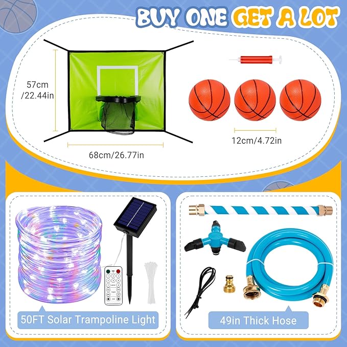 Trampoline Accessories Kit Kids,Basketball Hoop with 3 Mini Basketballs,50FT Solar Lights Fit 8 10 12 14 15 16FT Trampoline Outdoor 8 Mode,Choose from 2 Kits with Sprinkler or Dart Board & Glow Net