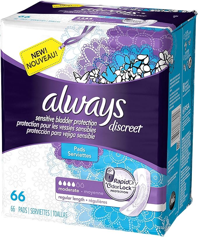 Always Discreet Incontinence Pads, Moderate, Regular Length, 66 Count - 2 Pack (Includes 132 Pads Total.)