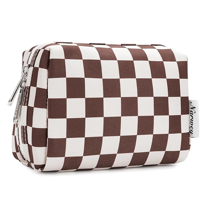 Narwey Small Checkered Makeup Bag for Purse Mini Cosmetic Bag Travel Makeup Pouch Zipper Pouch Cute Make up Bags with Compartments for Women Girls (Dark Checkerboard, Small)