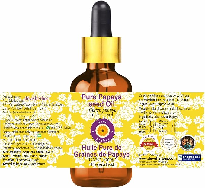 dève herbes Pure Papaya Seed Oil (Carica Papaya) with Glass Dropper Cold Pressed (Pack of Two) 100ml X 2 (6.76 oz)