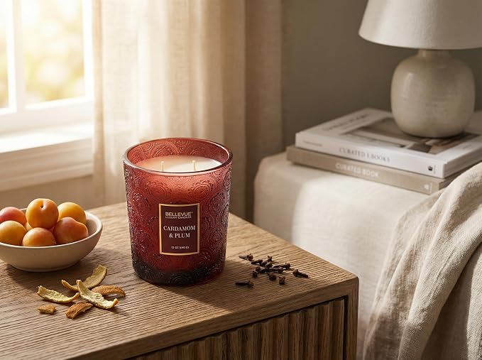 Bellevue Luxury Candles, 12 OZ Soy Blend Candle, Embossed Glass, Fragrances formulated with Essential Oils, Home Fragrances, Scented Candles Gift Set ǀ Scent: Cardamom & Plum