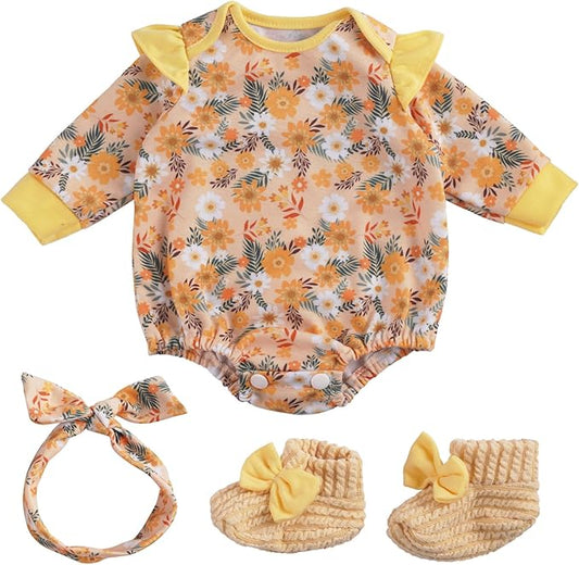 BABESIDE 3 Pcs Reborn Baby Doll Clothes for 17-22 Inch Babydolls, Floral Pattern Doll Clothes Onesies with Shoes and Headband for Lifelike Reborn Baby Dolls Accessories, Yellow