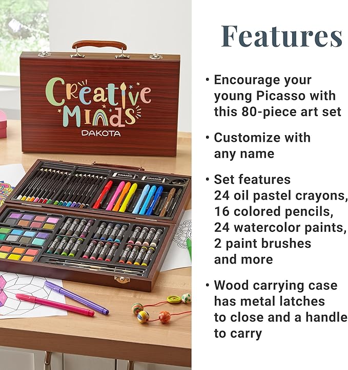 Let's Make Memories Personalized 80-Piece Deluxe Art Set - for Kids - Wood Carrying Case - Oil Crayons, Colored Pencils, Watercolors - Arts & Crafts - Palette Design - Add Name - Creative Minds