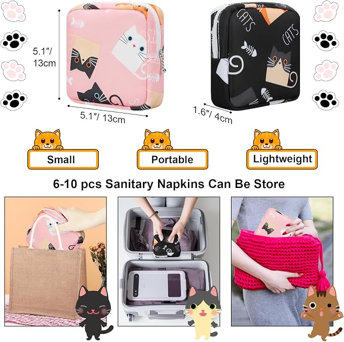 Likesing Period Bag Pouch, Canvas Sanitary Napkin Storage Bag for Girls Womens, Portable Sanitary Napkin Period Pad Pouch for Purse, Small Make Up Bags(Cat, Pink)