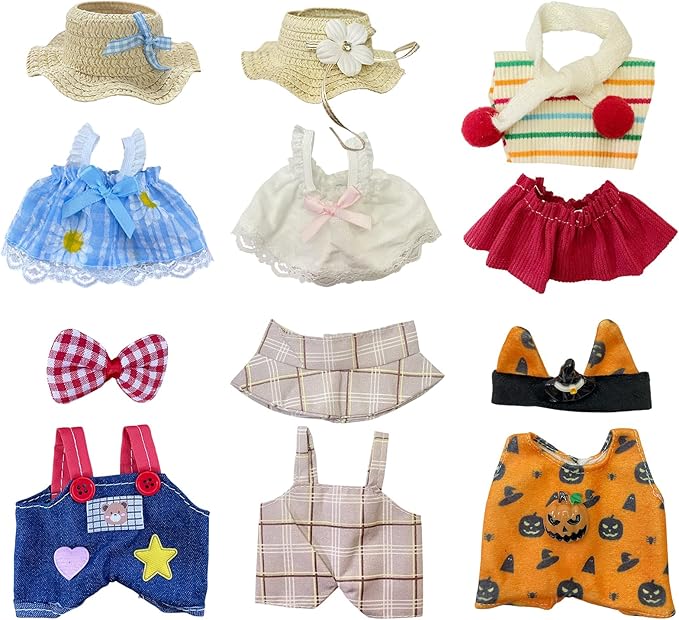 6 Sets Doll Clothes for 17cm Plush Dolls, Fashion Outfit Collection with Hats & Accessories for 6.7 Inch Mini Doll (No Dolls) (Set 1)