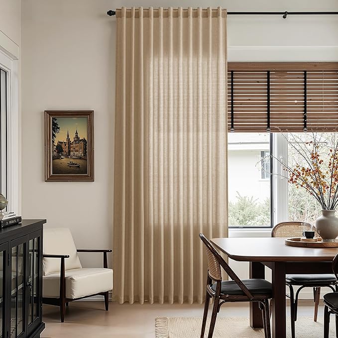 Sand Beige Linen 144 Inch Curtains for Living Room Simple Modern Light Filtering Semi Sheer Curtain Back Tab Rustic Luxury Home Decor Drapes Floor to Ceiling High Window for Bedroom 52x144, 2 Panels