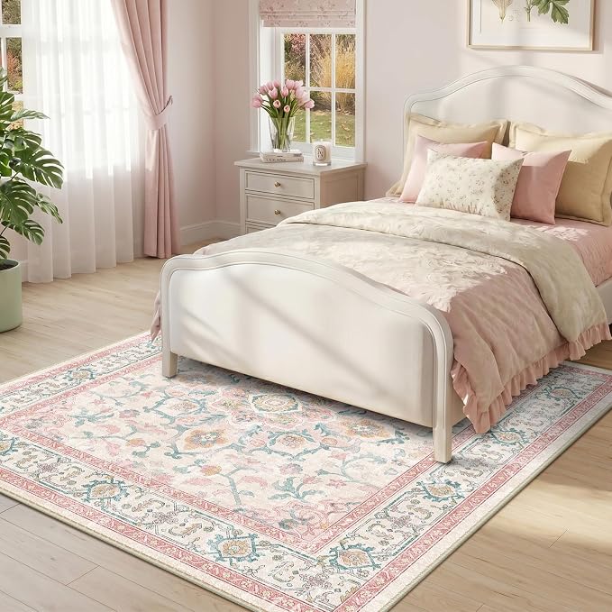CAPALOCA Square 5ft Washable Nursery Girls Low Pile Area Rug Pink Teal | Non-Slip Soft Rugs for Bedroom Kids Playroom Living Room, Print Pattern Water Repellent Carpet Indoor Decor
