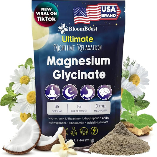 BloomBoost Magnesium Glycinate Powder, Upgraded Formula with Vanilla Coconut Powder, GABA, L-Theanine, Ashwagandha and Chamomile, Natural Berry Flavor - Perfect for Evening Wind-Down & Cozy Nights