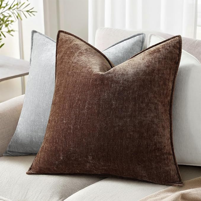 decorUhome Chenille Dark Brown Velvet Throw Pillow Covers 16x16 Set of 2 | Fall Soft Couch Decorative Modern Farmhouse Pillow Cases with Elegant Design for Sofa Bed Living Room Home Decor