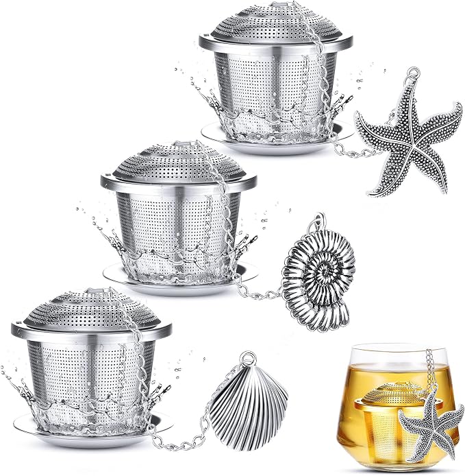 3 Sets Tea Infusers Steeper for Loose Leaf Tea Holder Stainless Steel Tea Ball Mesh Strainer Filters with Drip Trays and Pendant(Ocean Style)