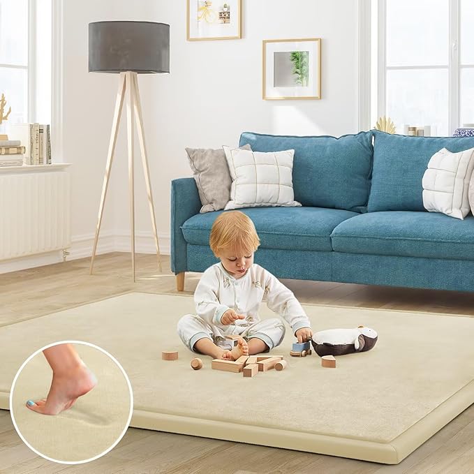 Baby Play Mat for Floor Nursery Rug Muscle Mat Area Rug Playroom Rug 59"x59" Playpen Mat Elastic Foam 1.3" Thick Crawling Mat for Babies,Toddlers, Infants, Kids,Light Beige