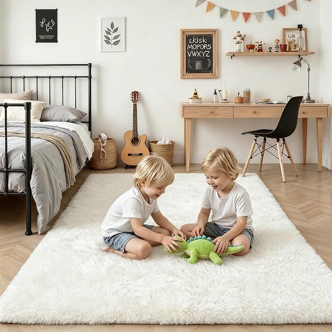 Fluffy Area Rugs 9x12 Living Room Bedroom: Ultra Soft Shag Rug Upgrade Non-Slip Non-Shedding Large Fuzzy Plush Carpet Indoor Floor Carpets for Kids Room Playroom Nursery Dorms Home Decor Ivory