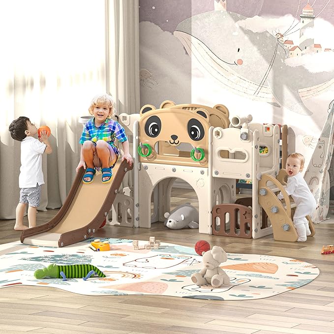 NYEEKOY 9-in-1 Toddler Slide and Climber Set Indoor Outdoor Slide Playset for Kids Age 1-8, Freestanding Backyard Playground with RNG Toss, Basketball Hoop,Telescope, Storage Space