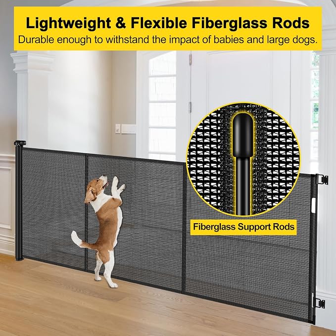 Reinforced 42” Tall x 200” Extra Wide Retractable Baby Gates, Extra Long Pet Gate with Support Rods, Outdoor Dog Gate for Wide Openings Large Baby Gates for Dogs Outdoor Gates for Decks, Black