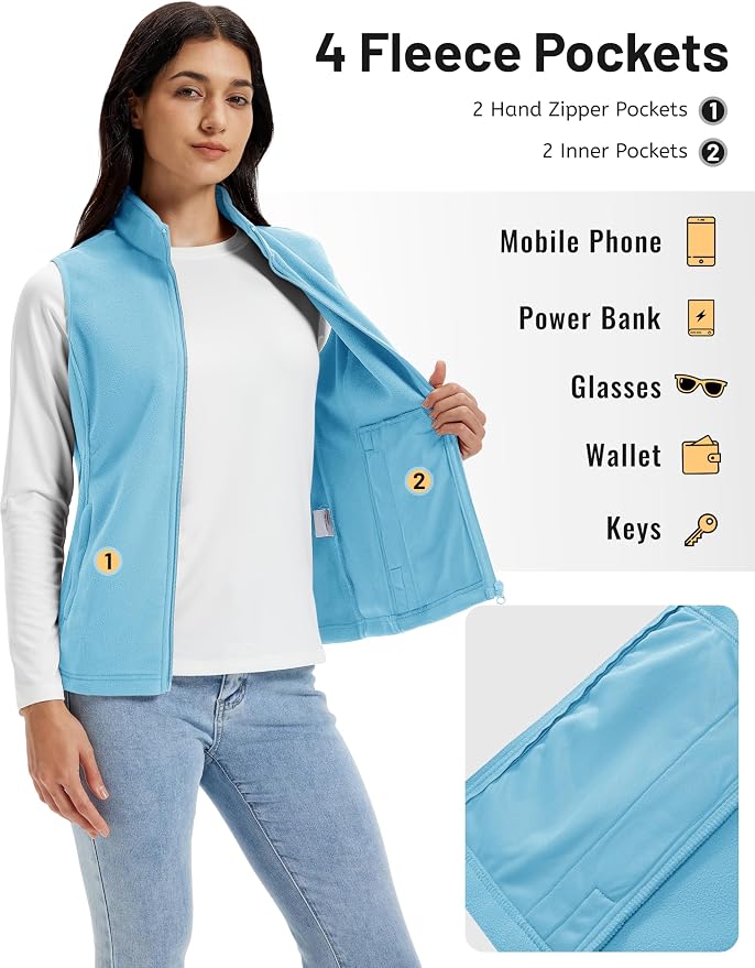 TACVASEN Women's Fleece Vest Lightweight Sleeveless Zip Jacket Outerwear | Soft Polar,Zipper Pockets,Stand Collar,Fall Winter Warm,Outdoor,Athletic,Running,Hiking,Travelling,Golf,Work