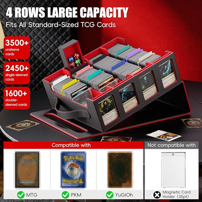 Trading Card Storage Box – 3500+ Magnetic MTG Deck Box with Handle,Commander & Toploader Display, Dice Box,4 Dividers & 30 Color Labels – Fits for TCG,MTG,Yu-Gi-Oh and Sport cards(Black/Red)